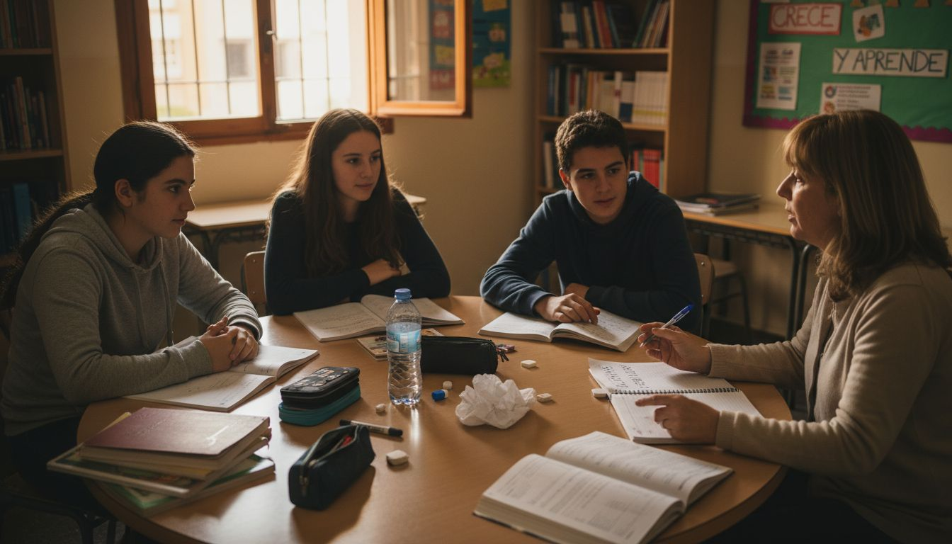 Psicóloga guiando a un grupo de jóvenes en una sesión
