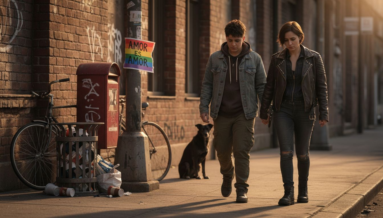 Una pareja LGBTQIA se enfrenta a obstáculos y prejuicios en su día a día en la ciudad.