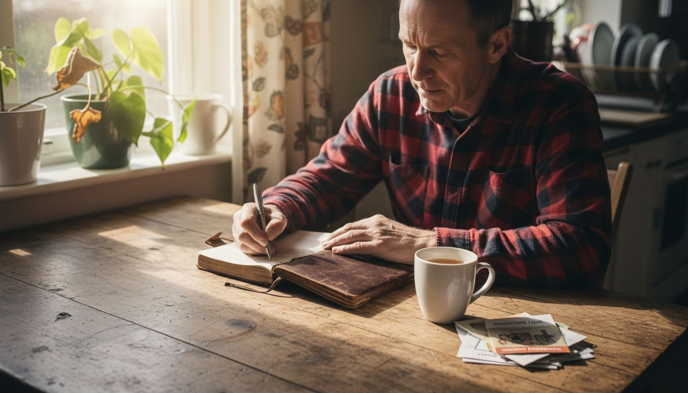 Man journaling coping strategies at home