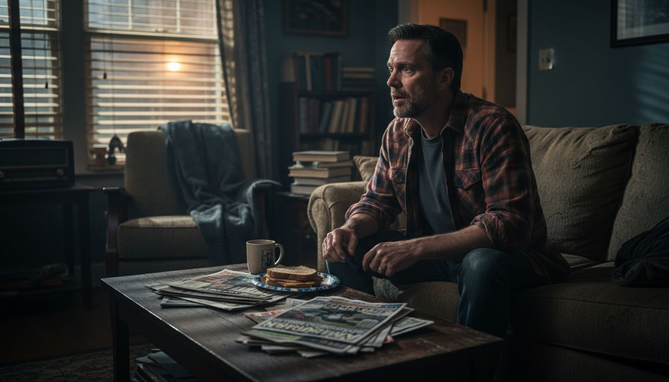 Man startled and tense in living room