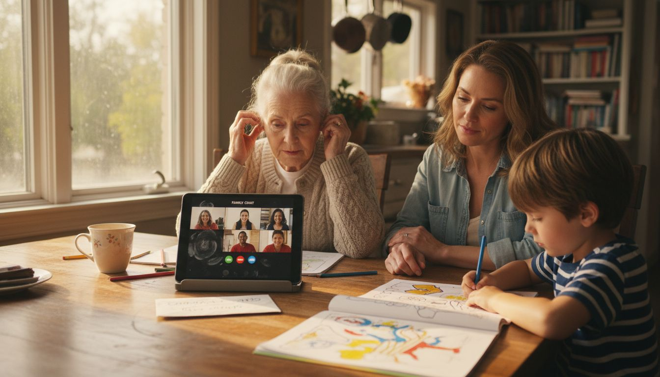 Family gathering on tablet video call