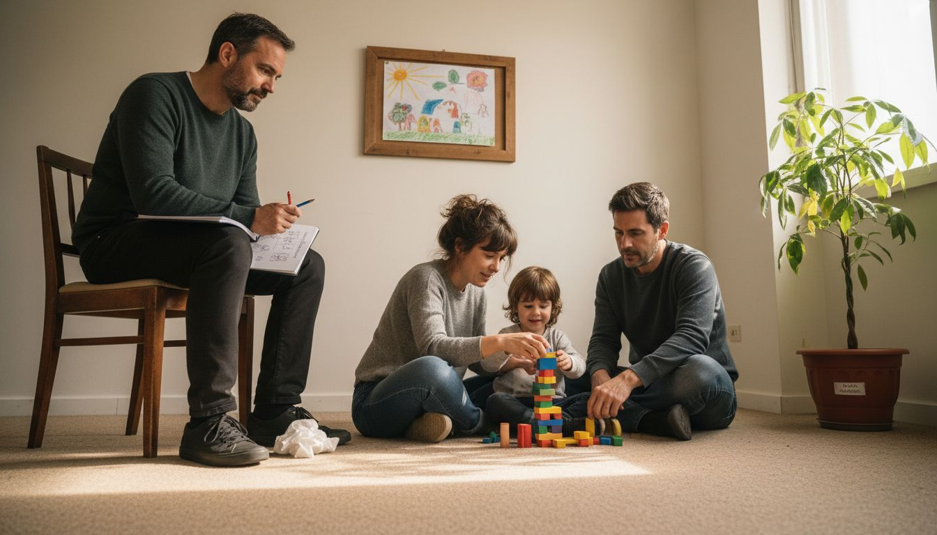 Sesión de terapia familiar donde los padres comparten juegos con su hijo