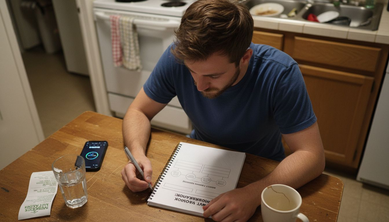 Man filling CBT workbook at kitchen table