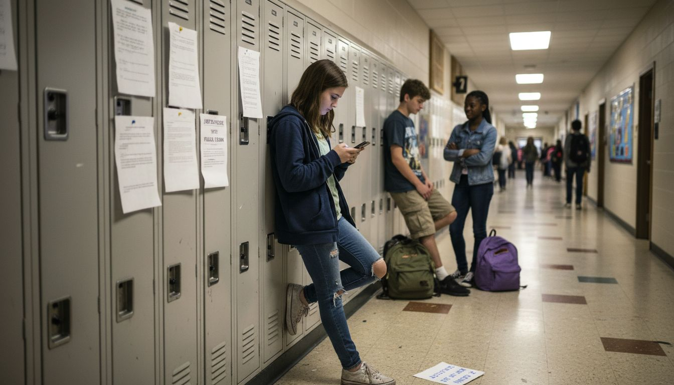 Teen girl coping in school hallway