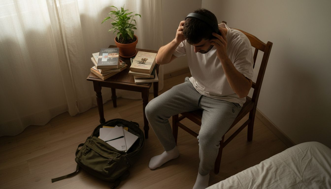 Un joven acomoda su espacio para una sesión de terapia en línea.