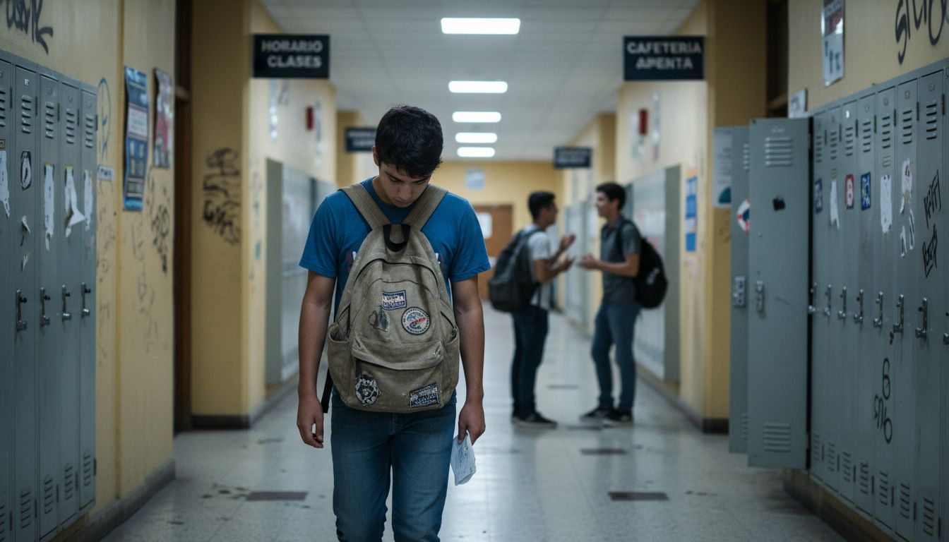 Un chico adolescente solo y apartado en el pasillo del instituto