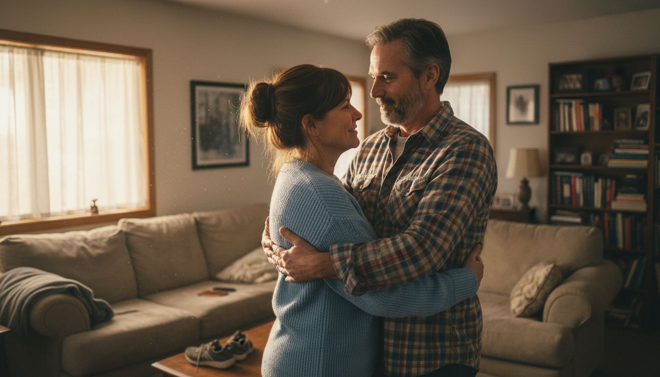 Una pareja se abraza con cariño en la comodidad de su salón.