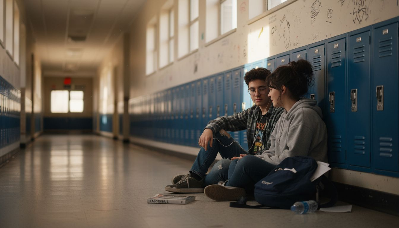Dos adolescentes sentados en el pasillo del instituto charlando tranquilamente.