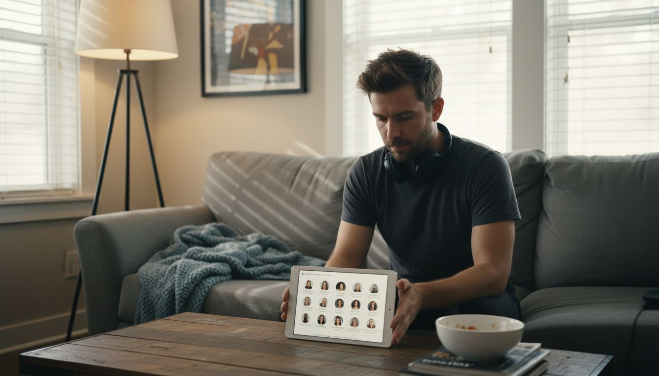 Man reviewing therapist profiles on tablet