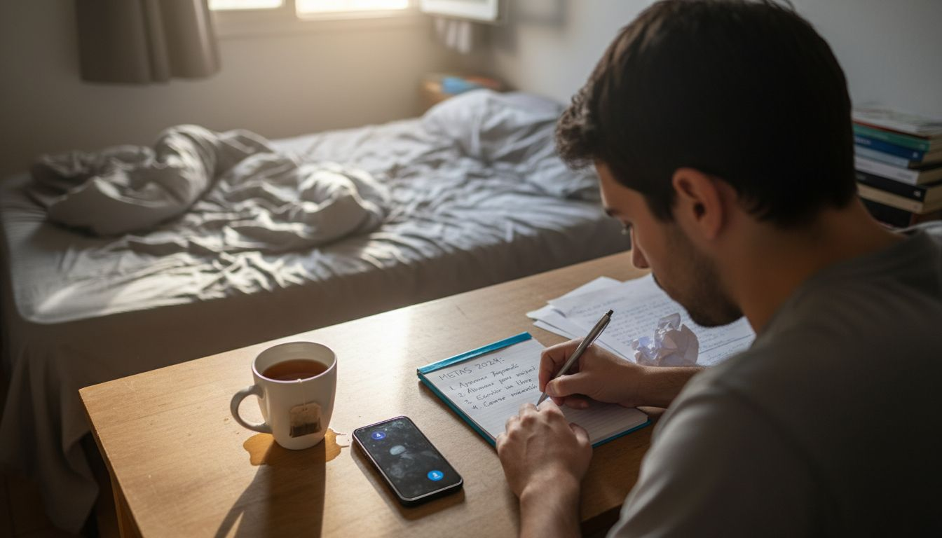 Antes de entrar a su sesión de terapia, el hombre se toma un momento para anotar los objetivos que quiere trabajar.