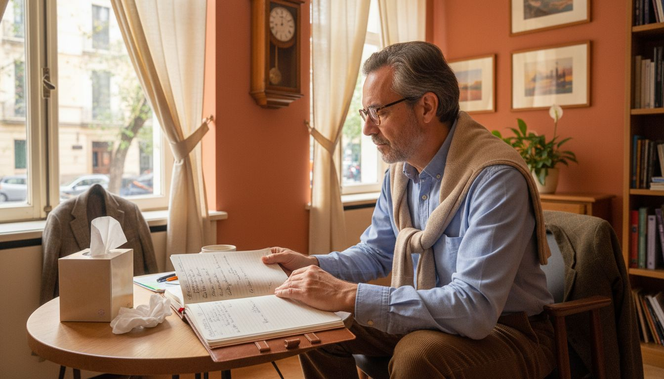 Psicólogo revisando las anotaciones de una sesión centrada en trauma