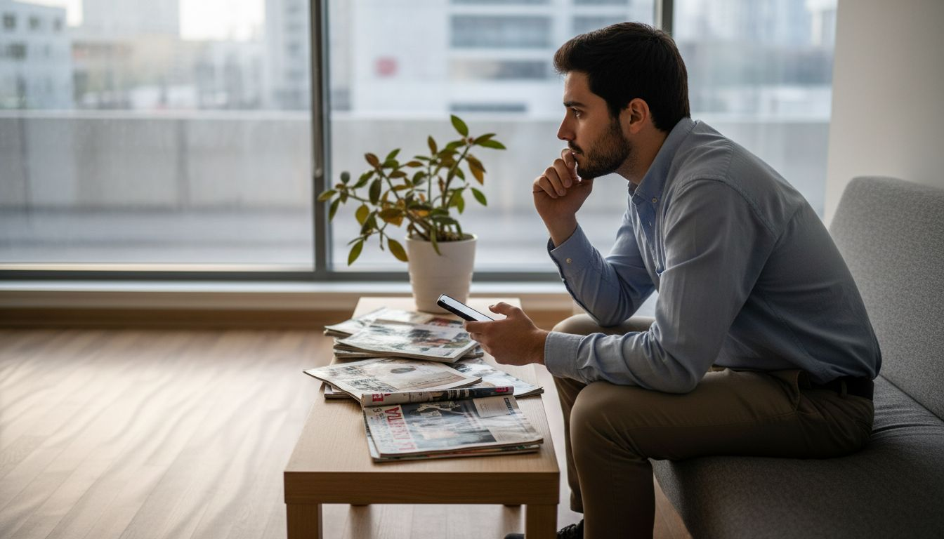 Un hombre se encuentra pensativo mientras espera su sesión con el psicólogo.