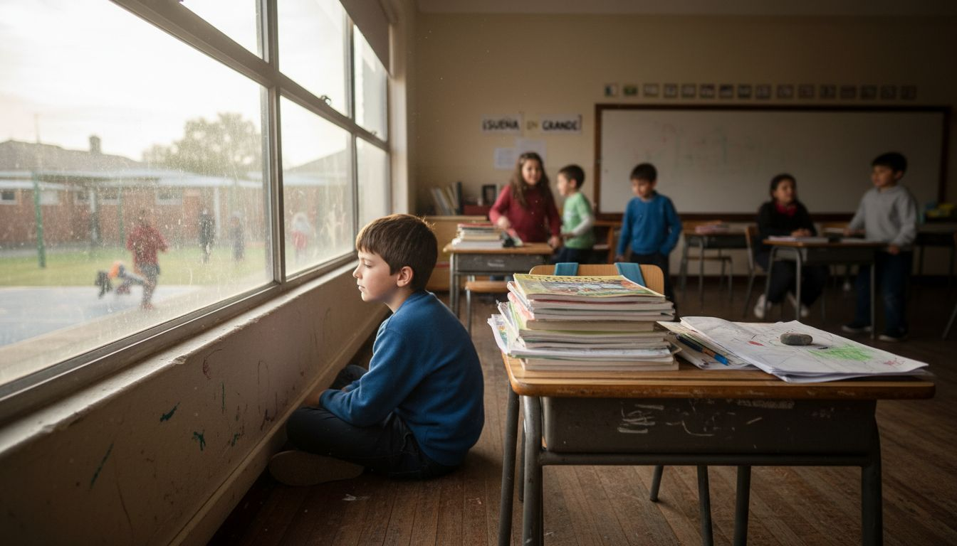 Un niño mira pensativo por la ventana de su aula, apartado de los demás compañeros.