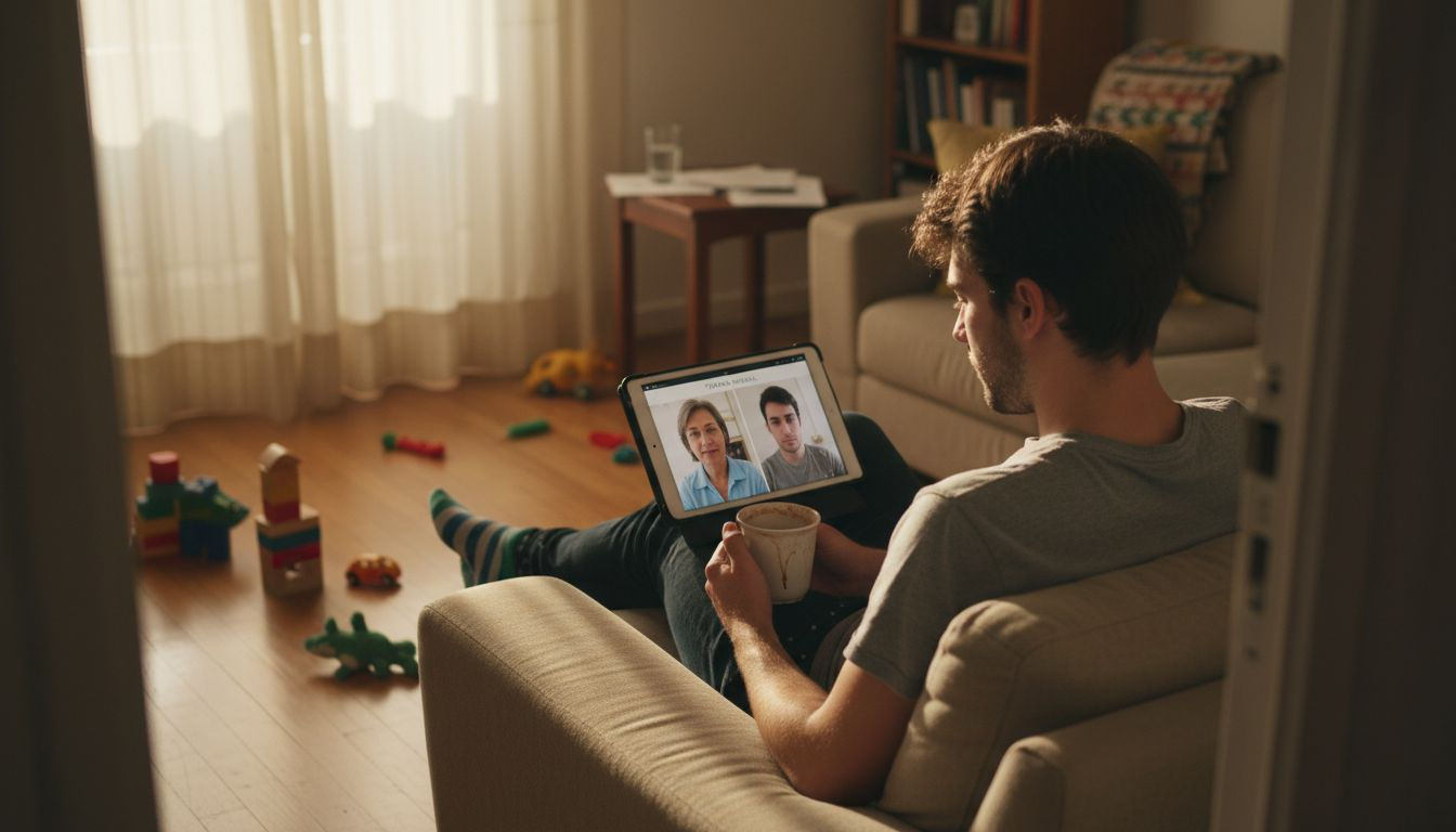 Un joven conectado desde su habitación, participando activamente en una sesión de terapia virtual.