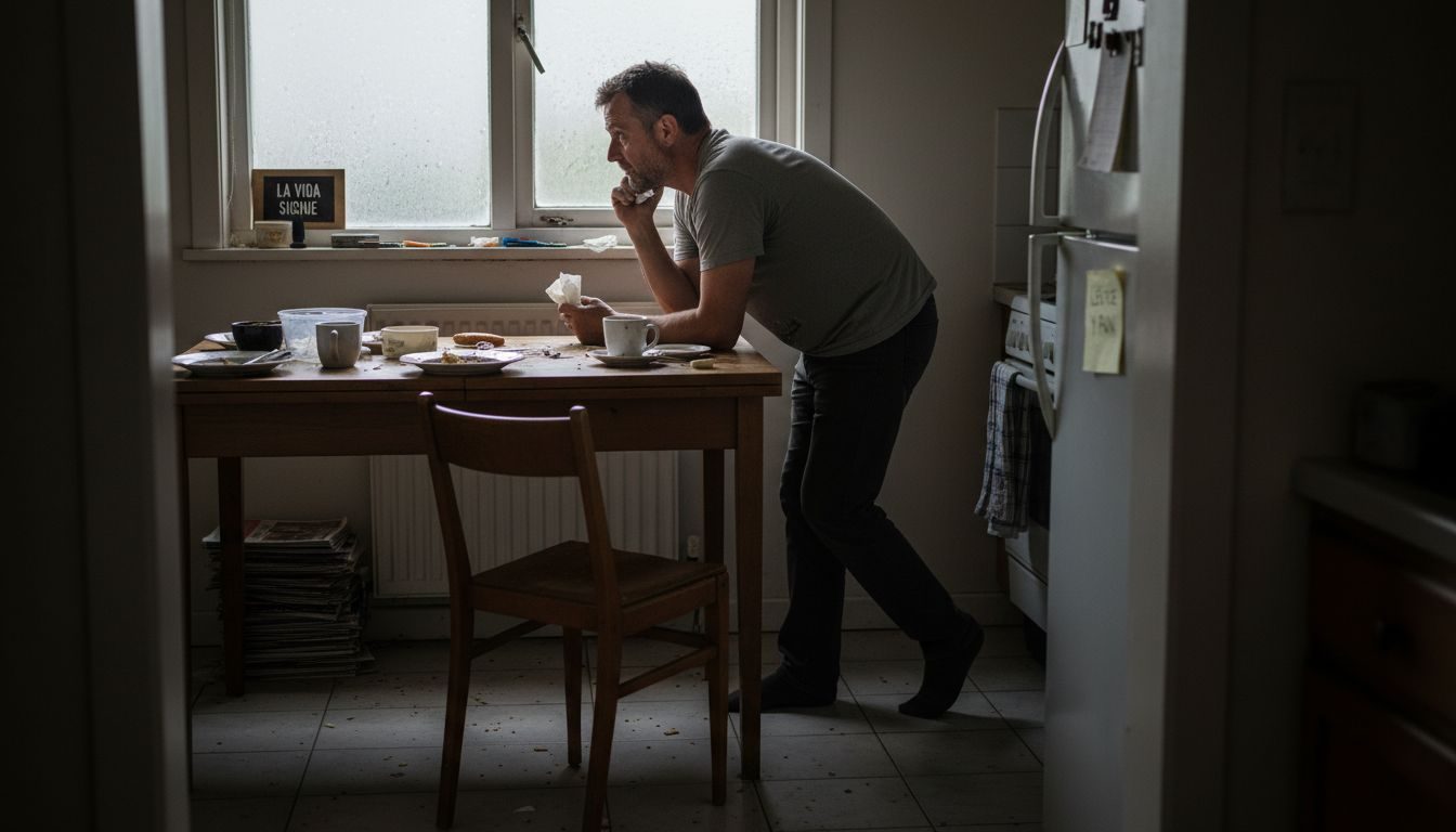 Un hombre se queda solo en la cocina después de una pelea.