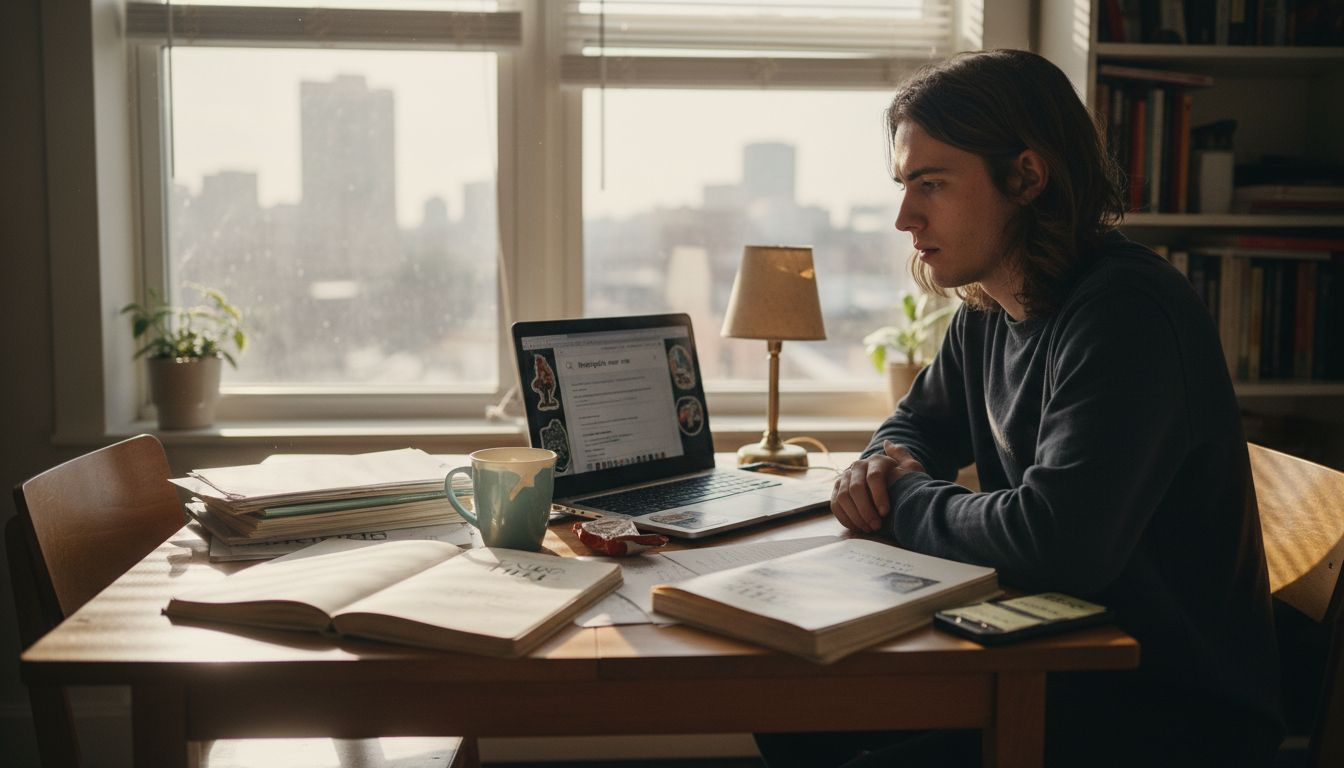 Person researching therapist at cluttered table