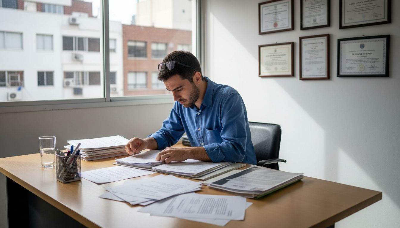 Psicólogo revisando su documentación profesional en el despacho