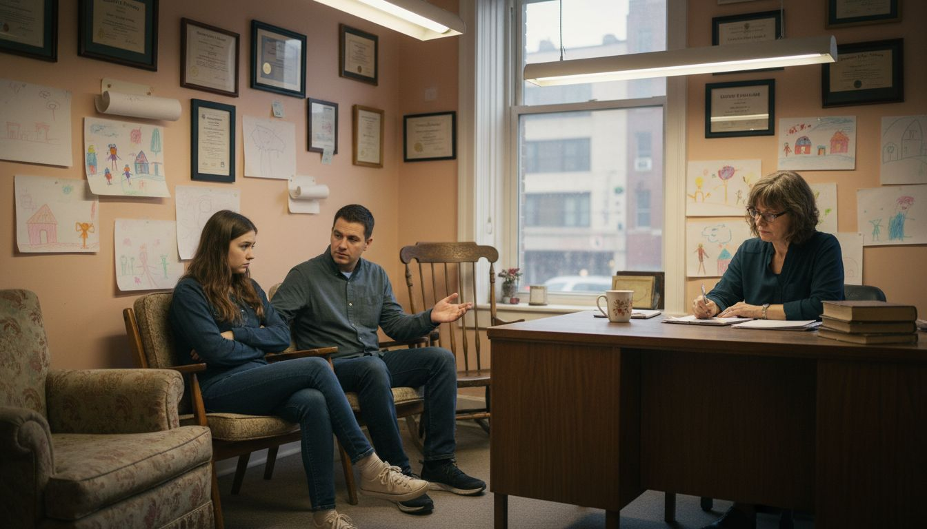 Family discussing feelings in therapy setting