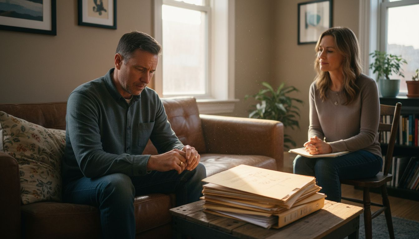 Man and therapist exploring grief emotions