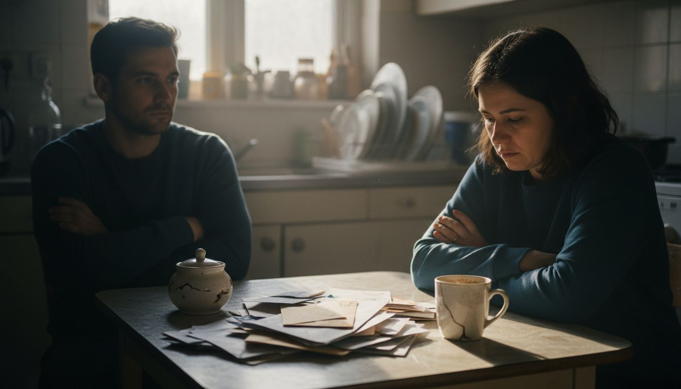 Couple with distant body language at kitchen table