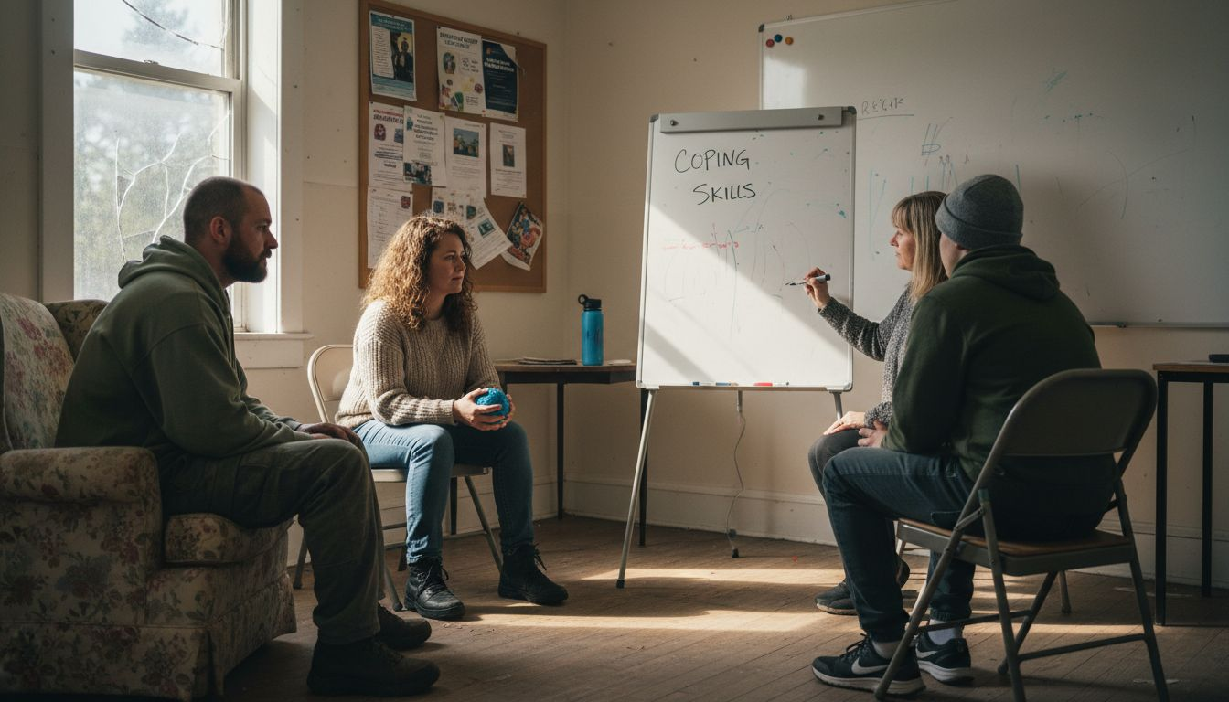Group therapy discussion in community center room