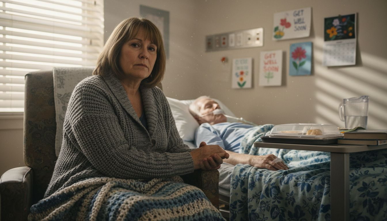 Woman holding hand of elderly man in hospital