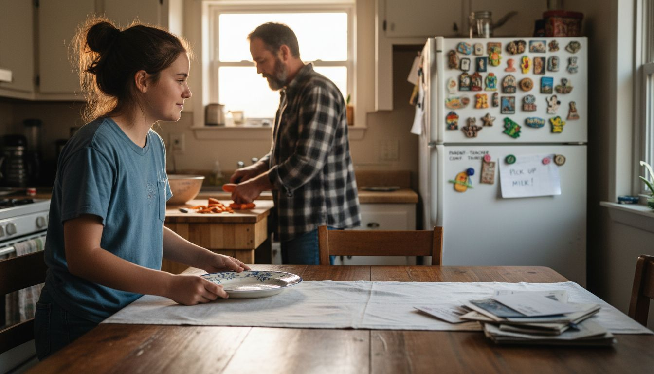 Family preparing dinner with routine actions