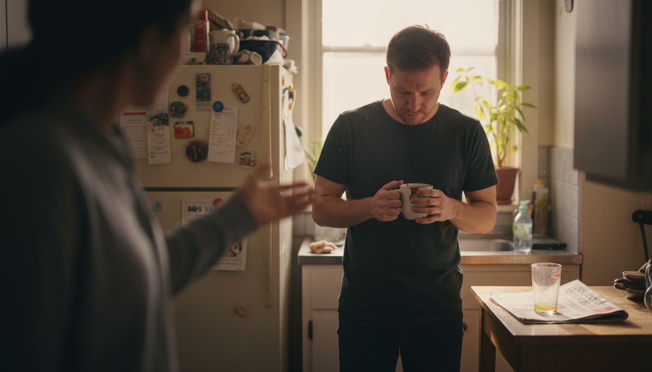 Man receiving harsh words in small kitchen
