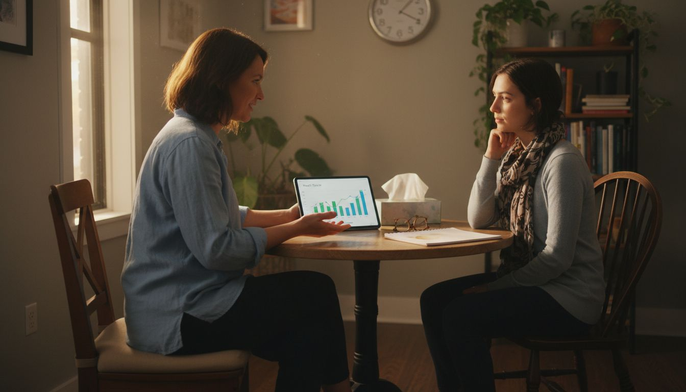 Therapist reviews progress tracker with client