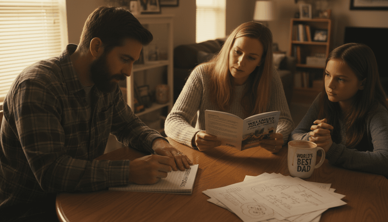 Family discussing therapy goals around table