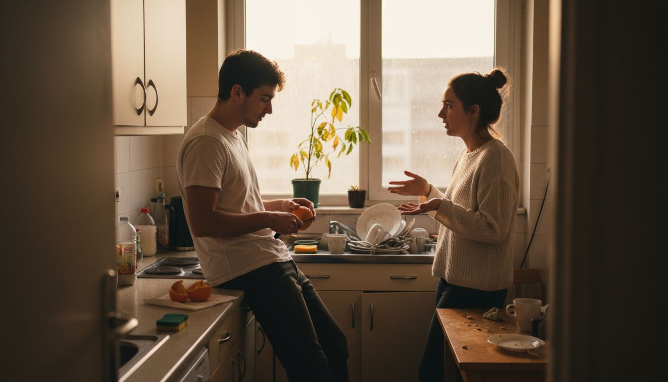 Una pareja charla en la cocina mientras realiza su rutina diaria.