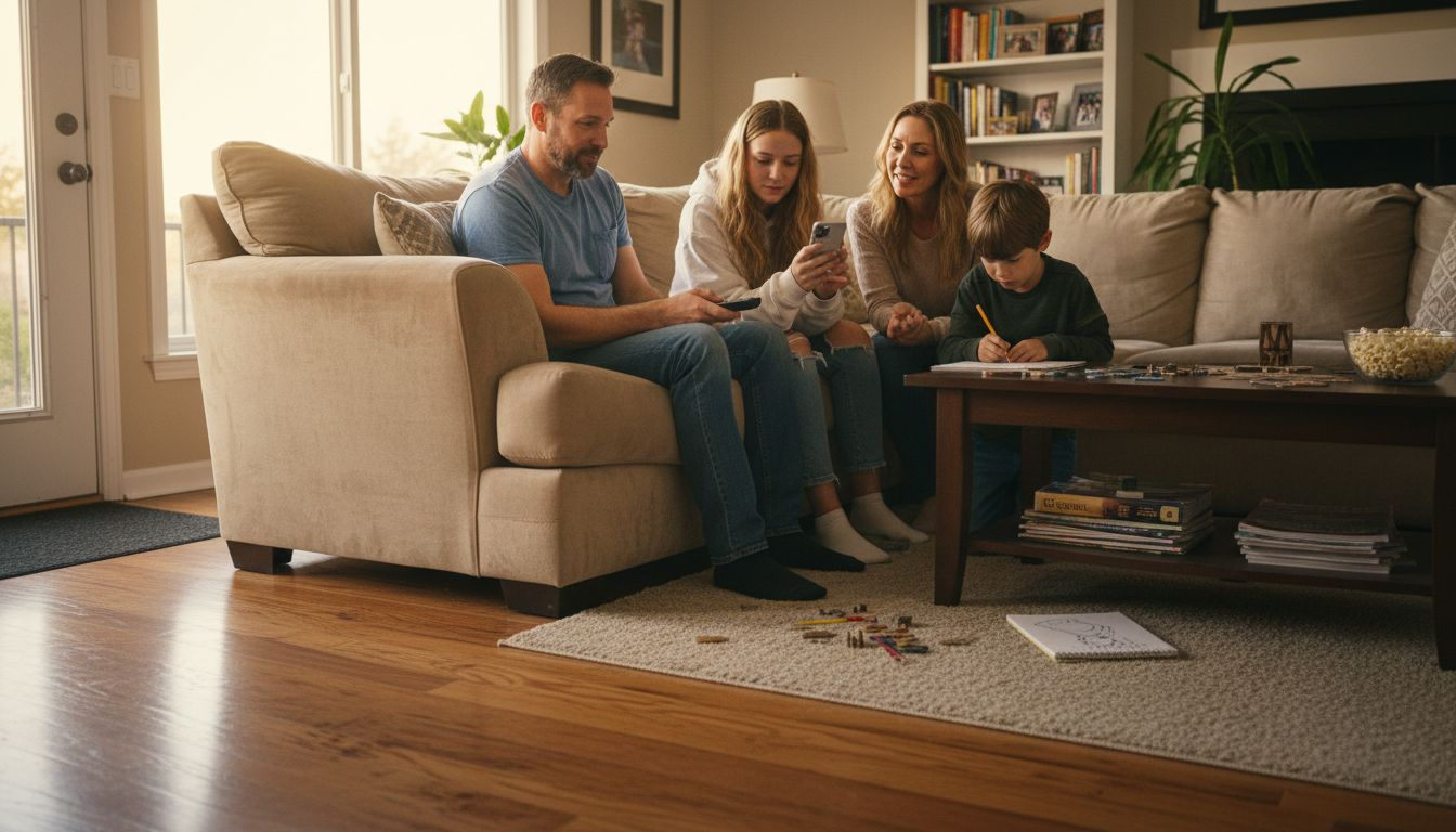 Family interacting in living room home