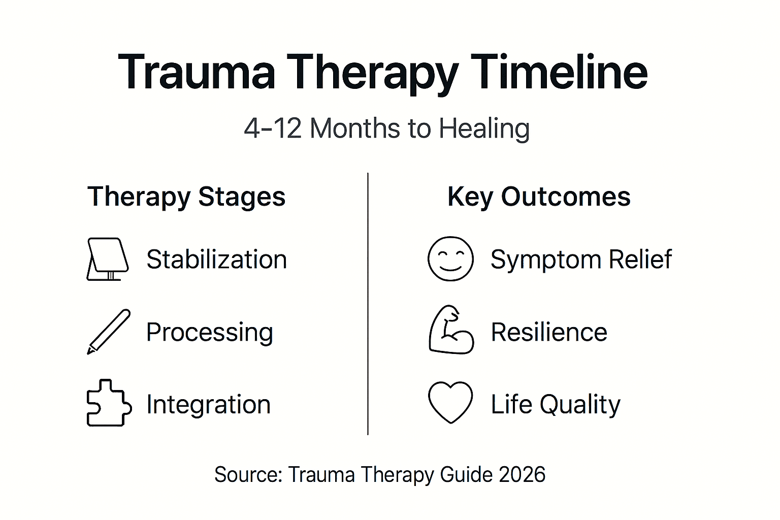 Trauma therapy timeline infographic with phases and outcomes