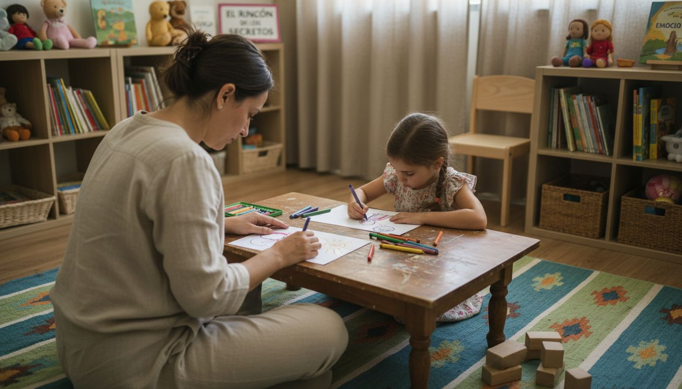 La terapeuta comparte un momento de juego con la niña en la sala de terapia.
