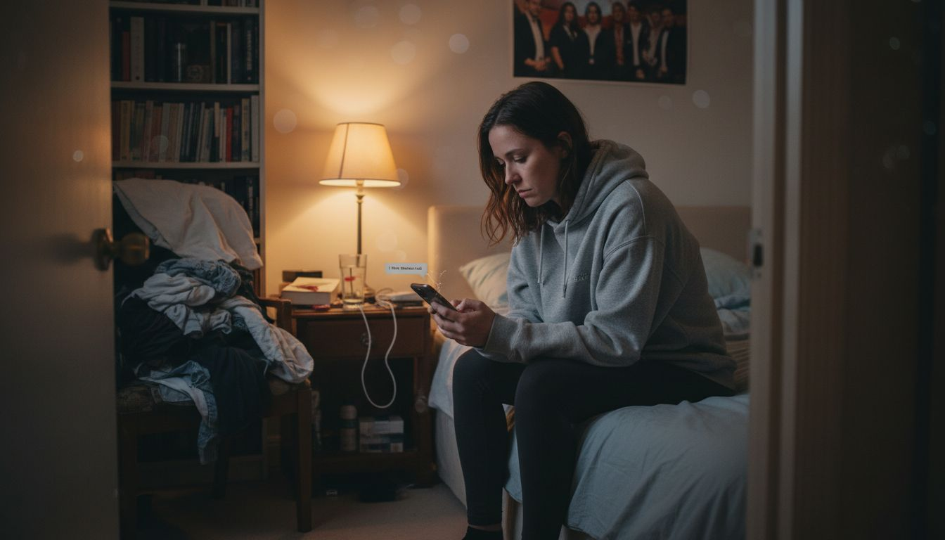 Woman alone stressed sitting on bed nighttime