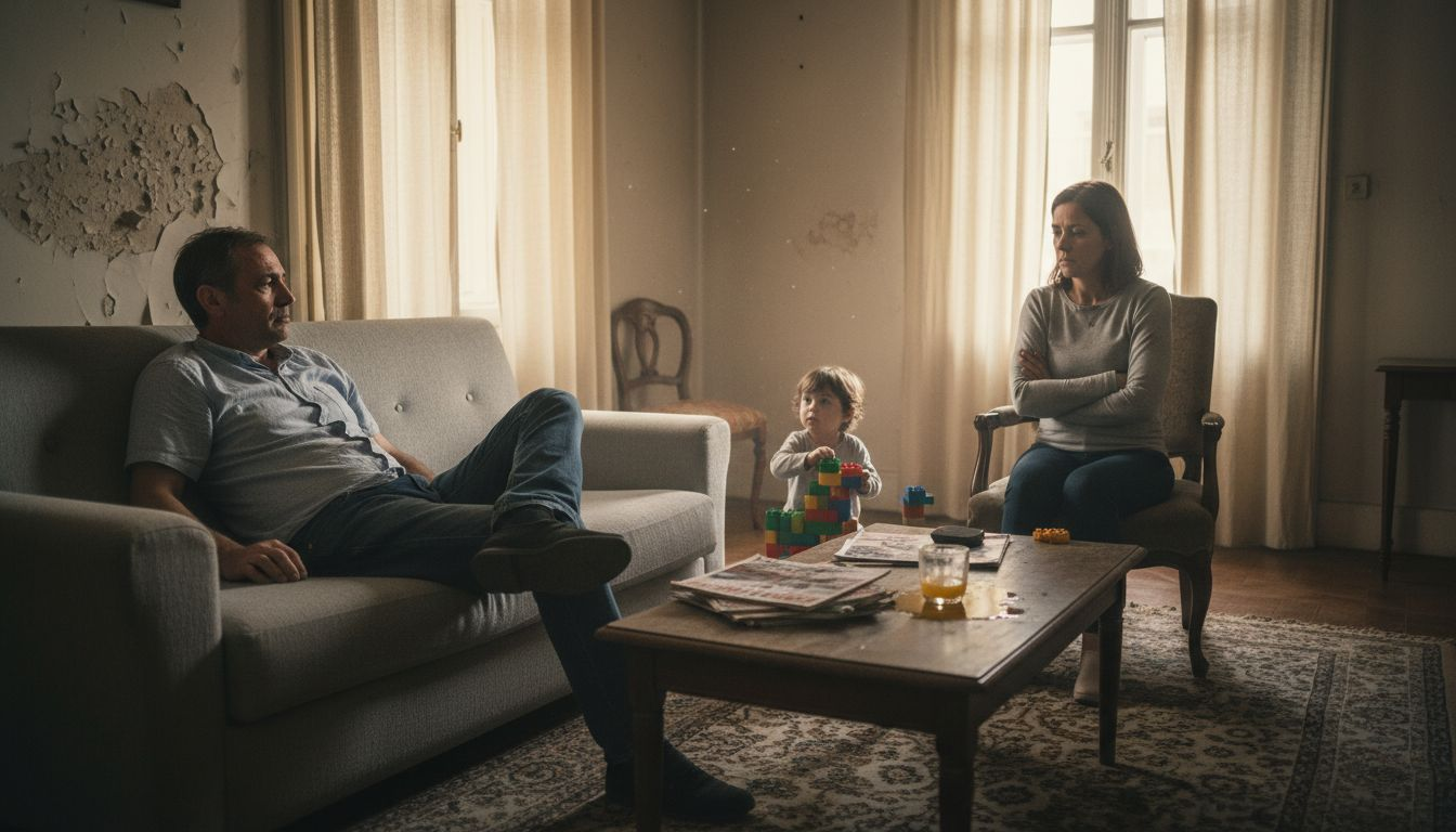 Una pareja de padres conversa tranquilamente en el salón mientras su hijo juega cerca de ellos.