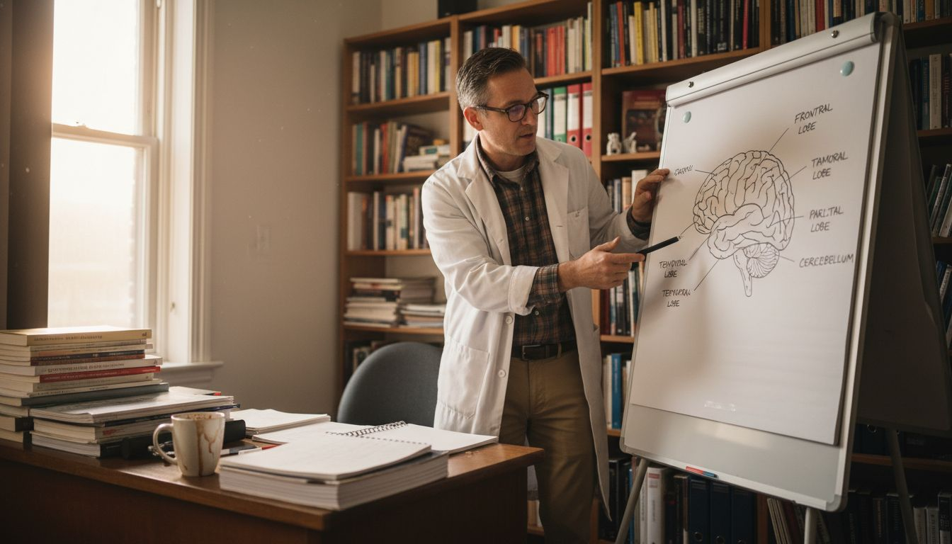 Psychologist explains brain diagram in office