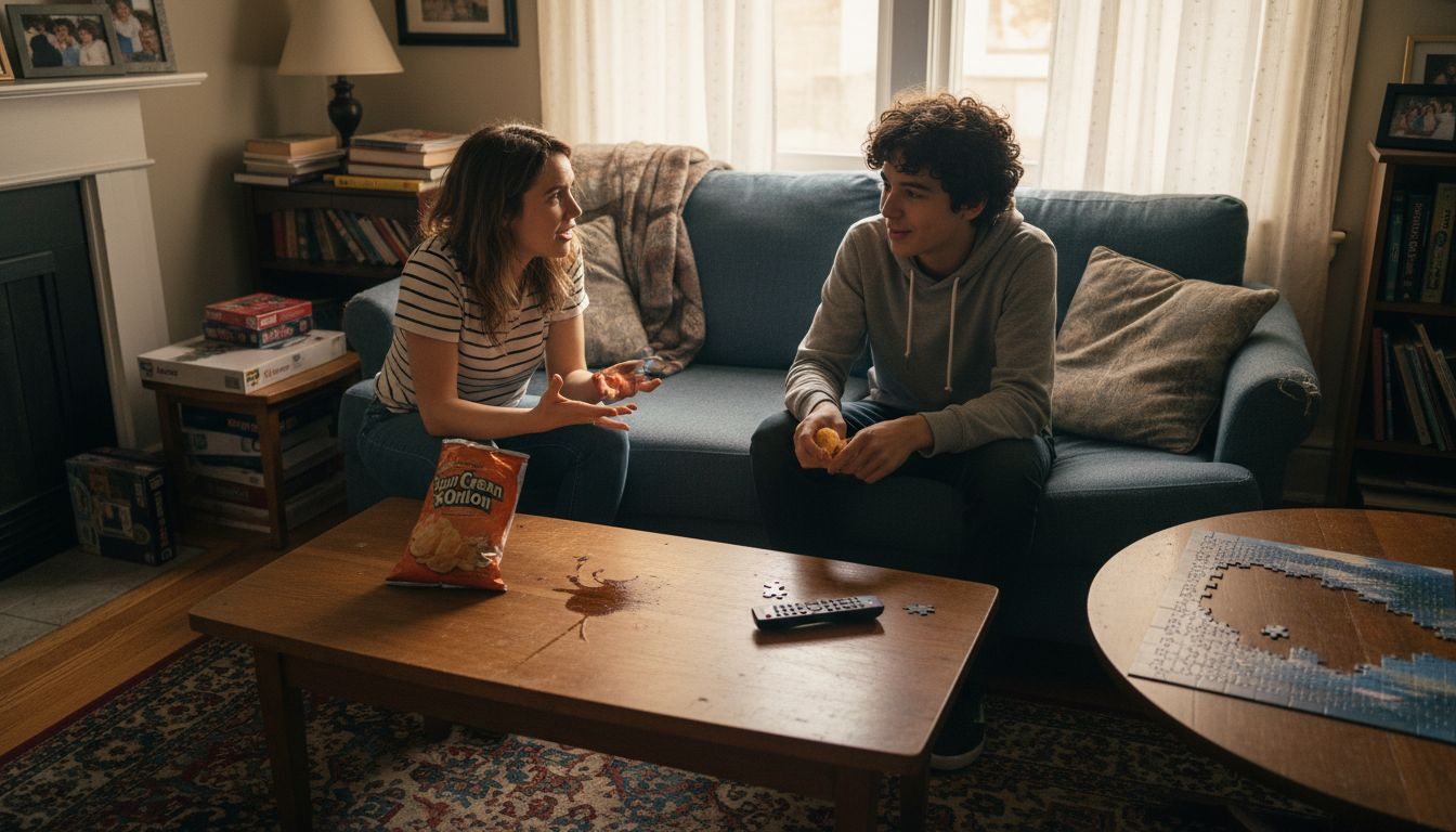 Siblings having relaxed conversation on couch
