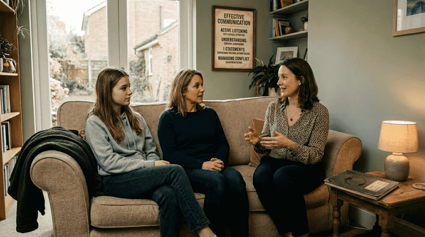 Therapist guiding structured family conversation