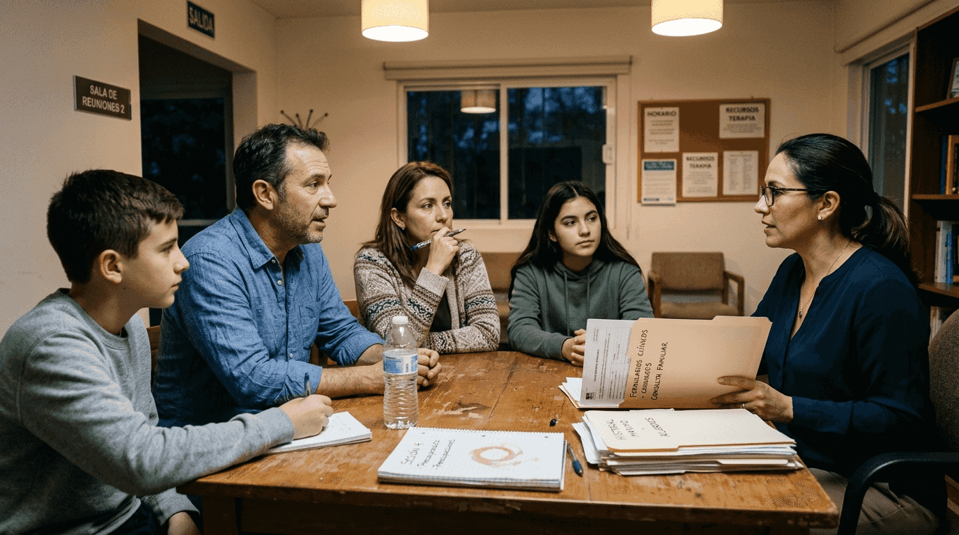 Una familia conversa con el terapeuta en el consultorio.