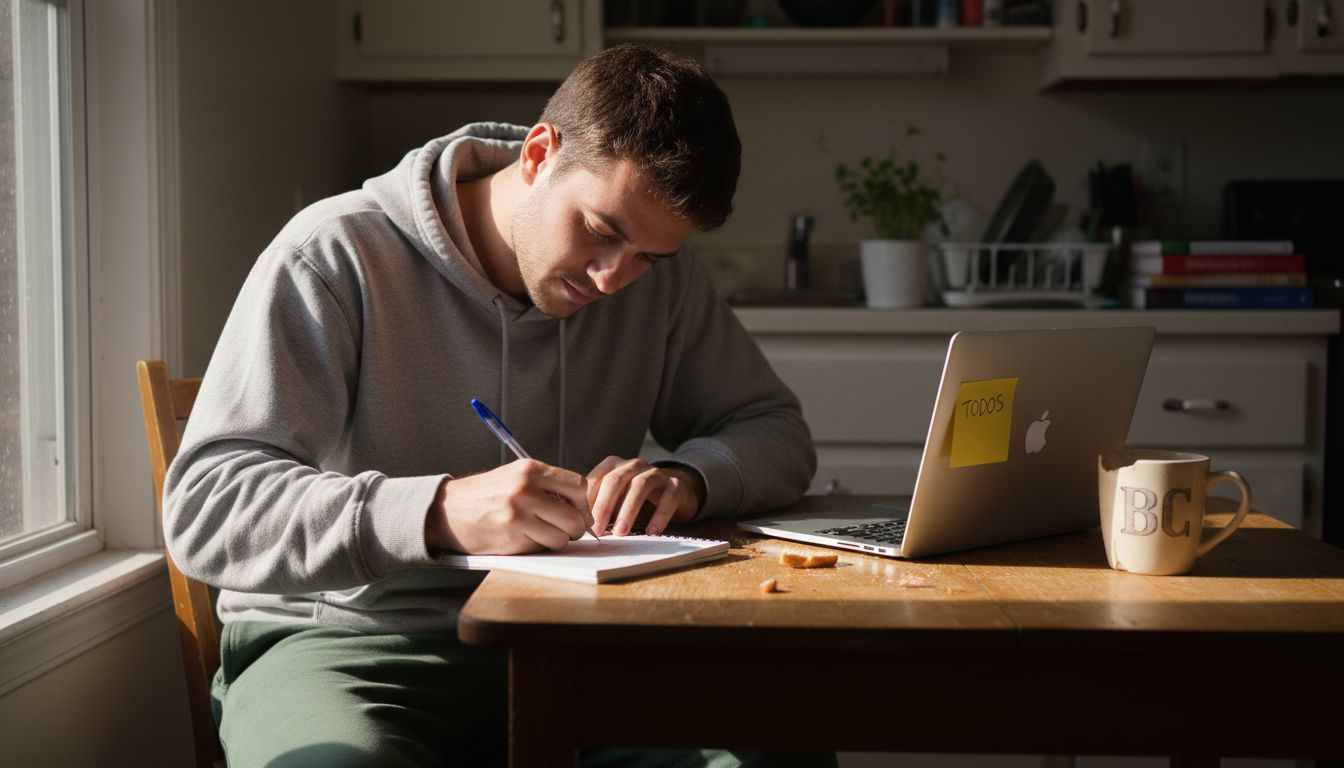 Young man writing thoughts in home journal