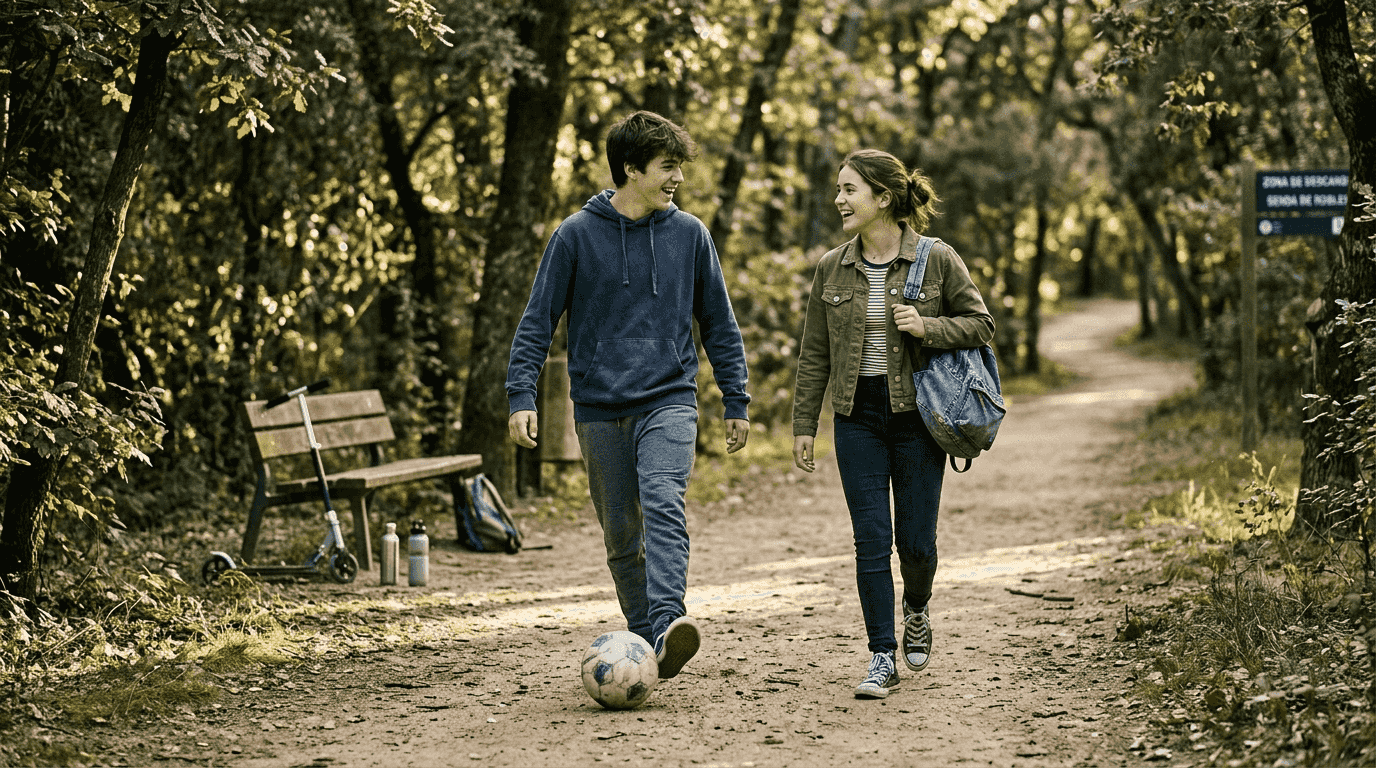 Un grupo de adolescentes pasea y charla animadamente por un parque repleto de árboles.