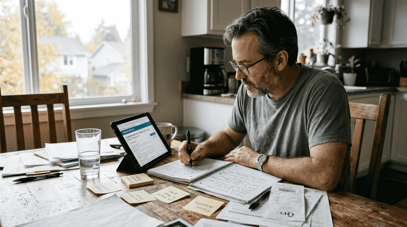 Man comparing online therapy options kitchen