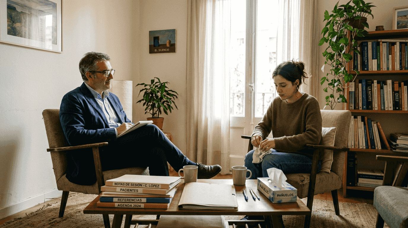 Un terapeuta y su paciente mantienen una charla relajada en una sala acogedora.