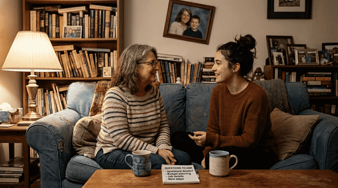 Parent and adult child discuss mental health on couch