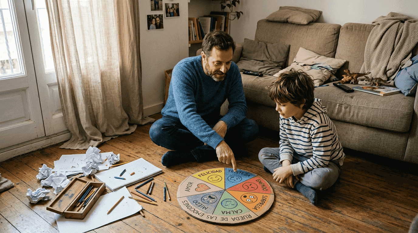 Padre e hijo comparten un momento utilizando juntos la rueda de las emociones.