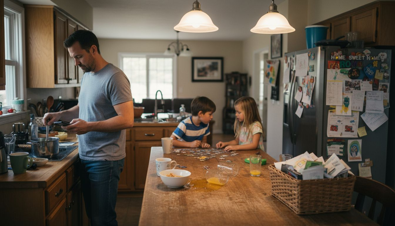 Tired father and kids in kitchen evening