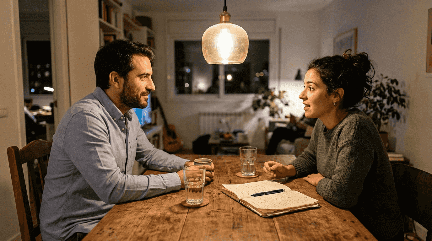 Una pareja conversando en casa y poniendo en práctica la escucha activa
