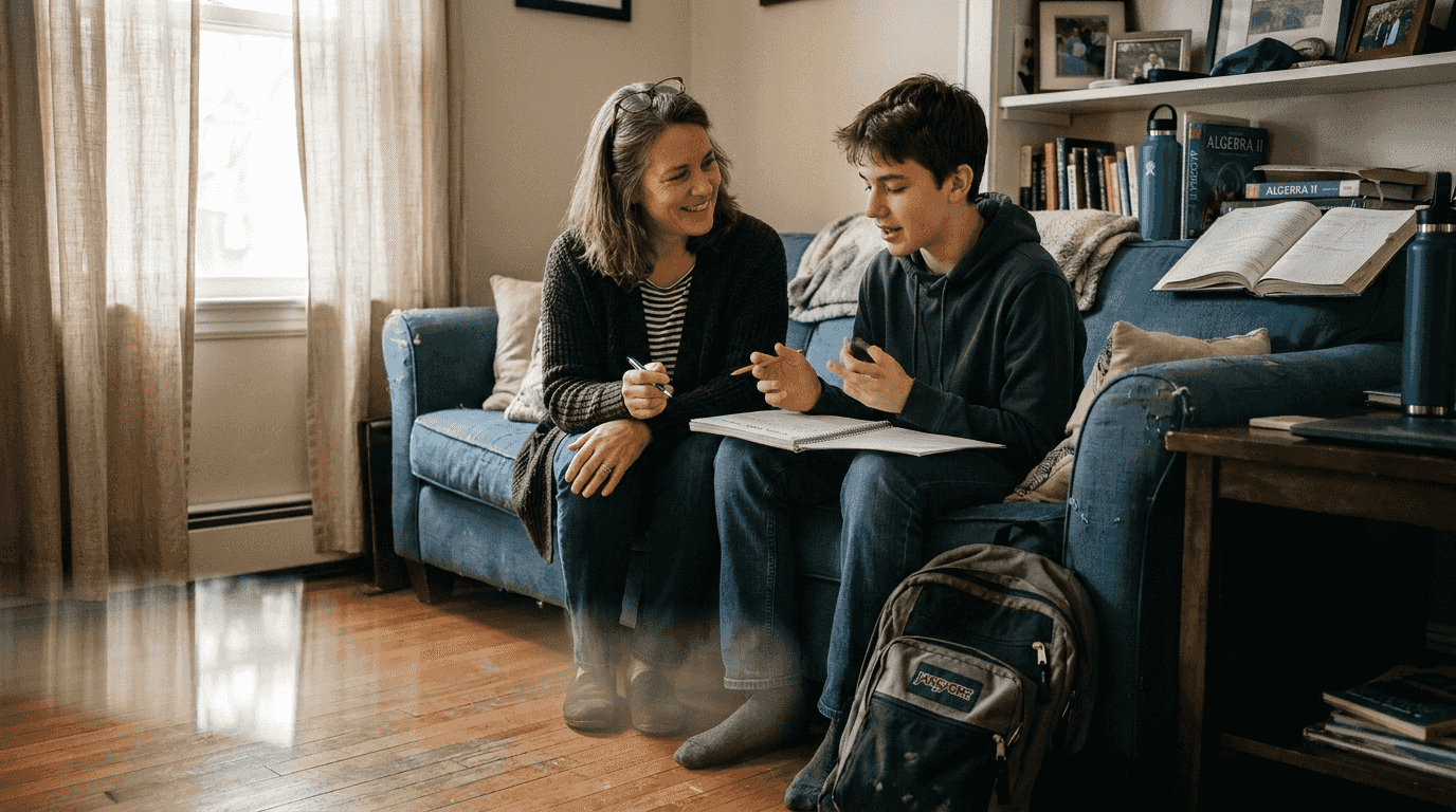 Mother and teenage son quietly talking on sofa