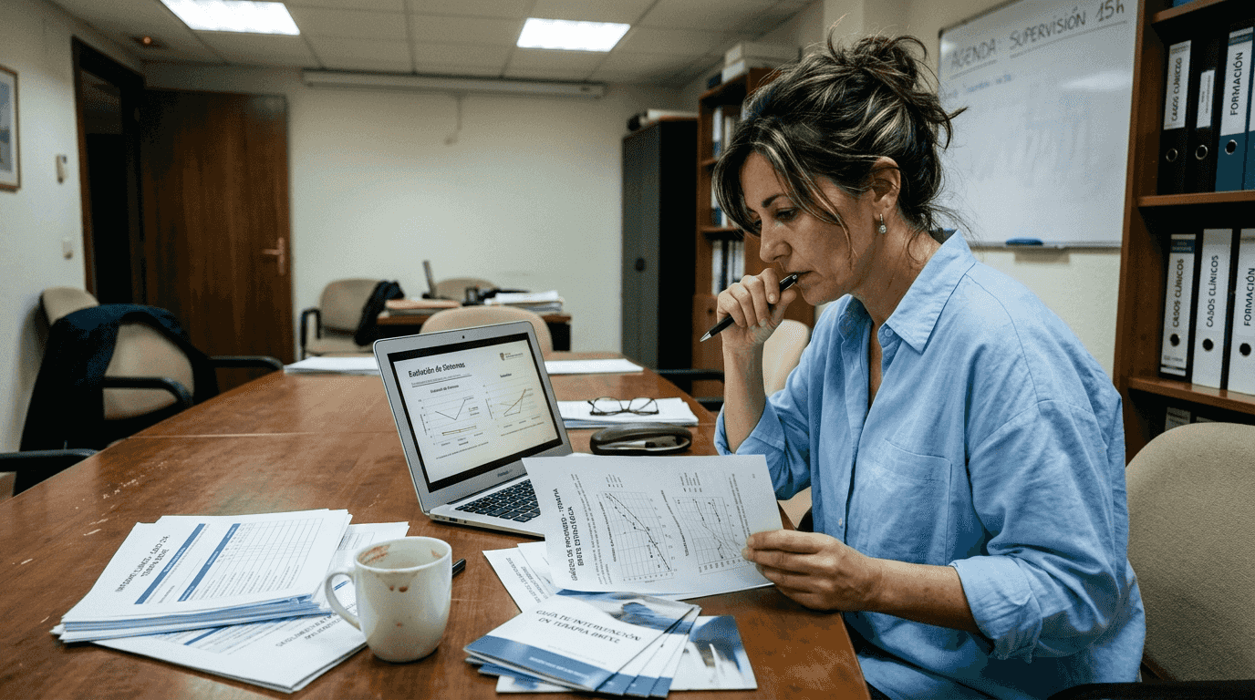 Psicóloga analizando estudios científicos para aplicar en sesiones de terapia